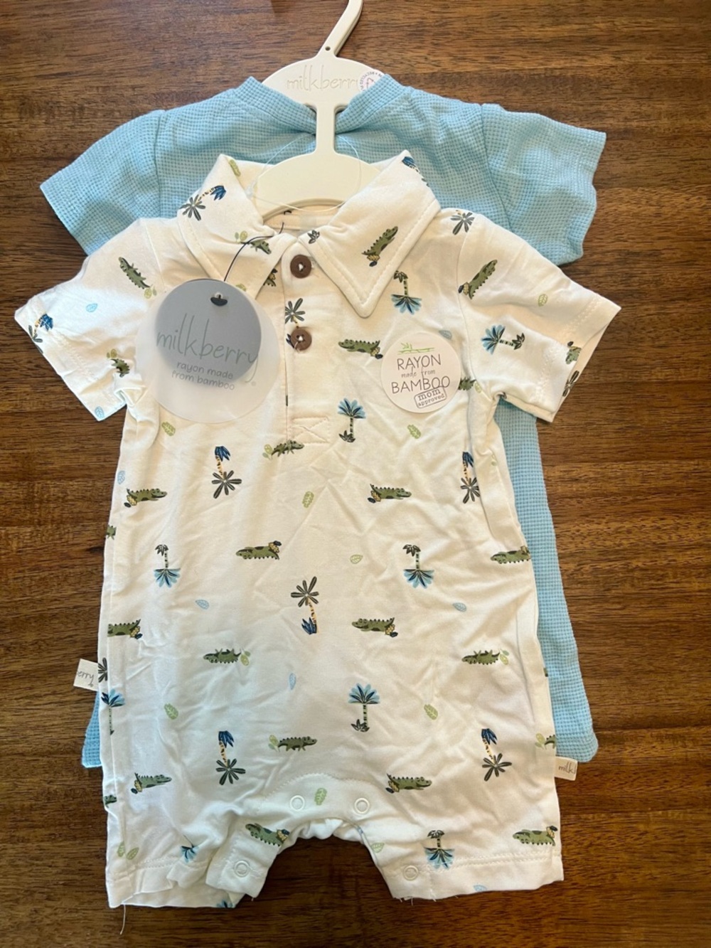 NWT Milkberry Bamboo White & Light Blue Baby Short Sleeve Romper Set 3-6 Months
